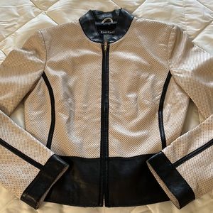 Vintage Iconic Honeycomb Inspired Genuine Leather Cropped Jacket Beige/black XS